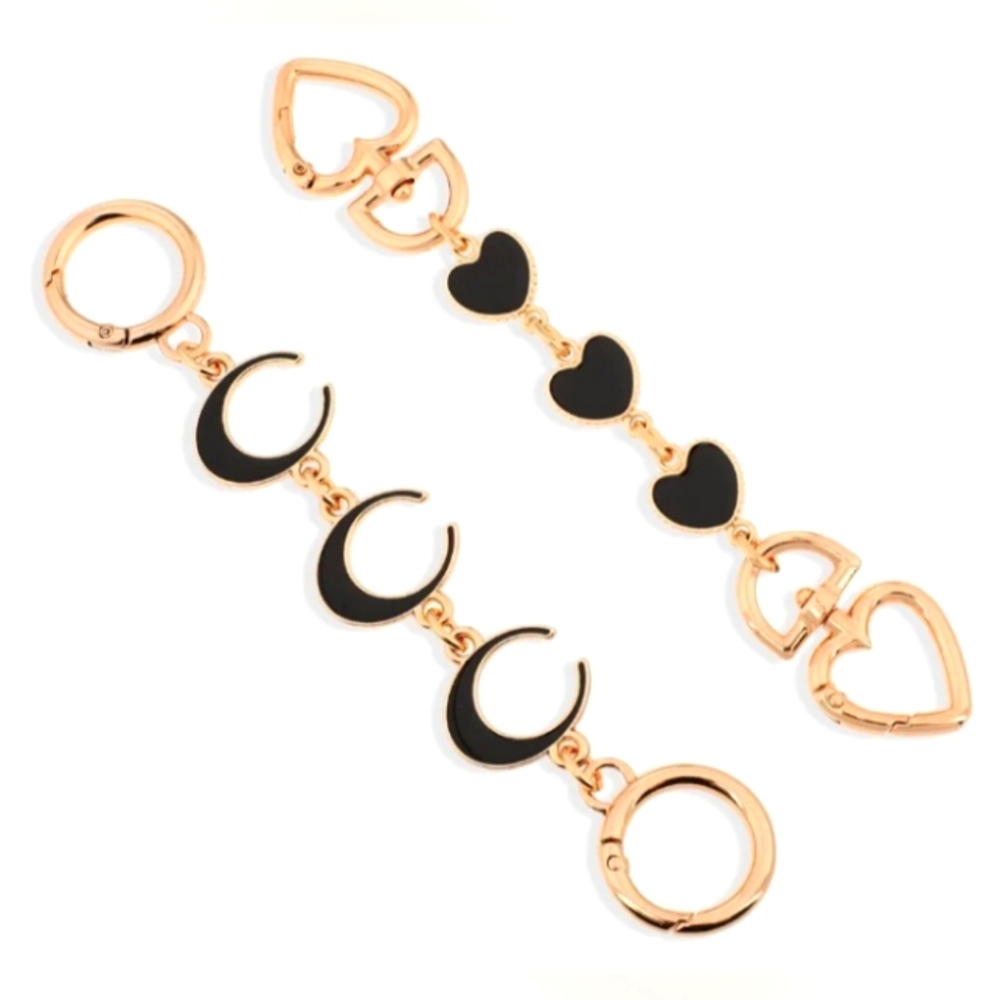 Purse Strap Extender Gold Tone Chain Black Heart & Moon 2 Pcs